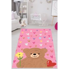 Pelangi Kalp ve Çiçekli Ayıcık Sevgi Temalı Yıkanabilir Kaymaz Taban Leke Tutmaz Çocuk Odası Halısı
