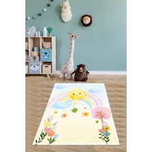 Pelangi Güneş Gökkuşağı Güneş Çiçek Buketi Desenli Yıkanabilir Kaymaz Taban Leke Tutmaz Çocuk Odası Halısık