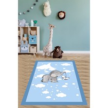 Pelangi Mavi Bulut Üzerinde Sevimli Fil ve Kuzu Figürlü Yıkanabilir Kaymaz Taban Leke Tutmaz Çocuk Odası Halısı