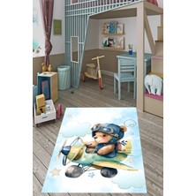 Pelangi Uçan Ayıcık Pilot Ayı Uçak Desen Yıkanabilir Kaymaz Taban Leke Tutmaz Çocuk Odası Halısık