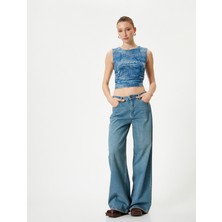 Koton Denim Görünümlü Üst Crop Büzgülü Bisiklet Yaka