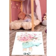 Pelangi Çiçek Buketi Taşıyan Sevimli Kız Yıkanabilir Kaymaz Taban Leke Tutmaz Çocuk Odası Halısık