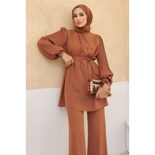 Vavinor Kolları Piliseli Pantolon Tunik Takım - Camel