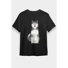 Darkhane Şirin Sibirya Kurdu Husky Haski Siyah Unisex Tişört T-Shirt