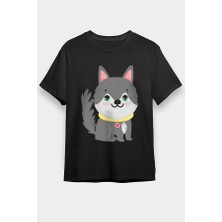 Darkhane Sevimli Sibirya Kurdu Husky Haski Siyah Unisex Tişört T-Shirt
