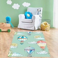 Pelangi Uçan Balon Bulut Desenli Halı Dijital Baskı Yıkanabilir Kaymaz Taban Leke Tutmaz Çocuk Odası Halısı