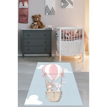 Pelangi Uçan Balon ve Sevimli Tavşanlar Yıkanabilir Kaymaz Taban Leke Tutmaz Çocuk Odası Halısık