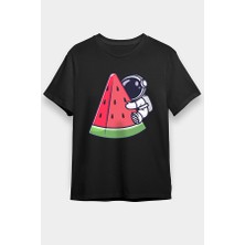 Darkhane Karpuz Dilimi ve Sevimli Astronot Siyah Unisex Tişört T-Shirt