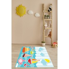 Pelangi Mavi Çizgili ve Denizci Desenli Denizaltı Dümen Yelkenli Yıkanabilir Kaymaz Taban Leke Tutmaz Çocuk Odası Halısı