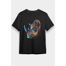 Darkhane Renkli Gergedan Siyah Unisex Tişört T-Shirt