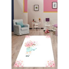 Pelangi Çiçek Buketi Taşıyan Sevimli Kız Yıkanabilir Kaymaz Taban Leke Tutmaz Çocuk Odası Halısık