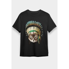 Darkhane Kızılderili Lideri Kedi Siyah Unisex Tişört T-Shirt