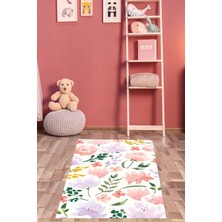 Pelangi Suluboya Çiçekler Desenli  Yıkanabilir Kaymaz Taban Leke Tutmaz Çocuk Odası Halısık