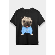 Darkhane Mavi Giysili Şirin Pug Siyah Unisex Tişört T-Shirt