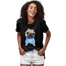 Darkhane Mavi Giysili Şirin Pug Siyah Unisex Tişört T-Shirt