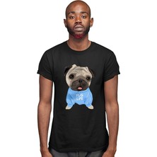 Darkhane Mavi Giysili Şirin Pug Siyah Unisex Tişört T-Shirt