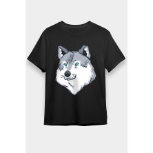 Darkhane Mavi Gözlü Köpek Sibirya Kurdu Husky Haski Siyah Unisex Tişört T-Shirt