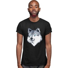 Darkhane Mavi Gözlü Köpek Sibirya Kurdu Husky Haski Siyah Unisex Tişört T-Shirt