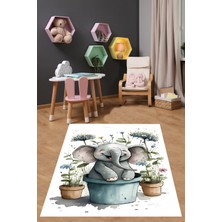 Pelangi Çiçekli Bebek Fil Dijital Baskı Yıkanabilir Kaymaz Taban Leke Tutmaz Çocuk Odası Halısı