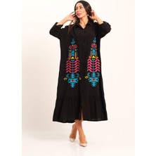 Keyifli Moda Kadın Siyah Otantik Nakışlı Kolu Apoletli Eteği Fırfırlı Uzun Gömlek Elbise