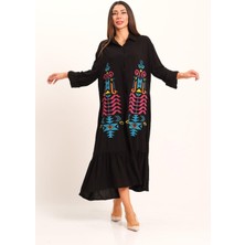Keyifli Moda Kadın Siyah Otantik Nakışlı Kolu Apoletli Eteği Fırfırlı Uzun Gömlek Elbise