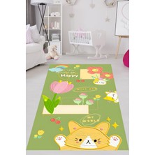 Pelangi My World Yazılı Kedi Desen  Yıkanabilir Kaymaz Taban Leke Tutmaz Çocuk Odası Halısı