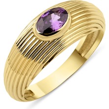 Fiyonk Kuyumculuk 14 Ayar Altın Ametist Taş Detaylı Şerit Yüzük