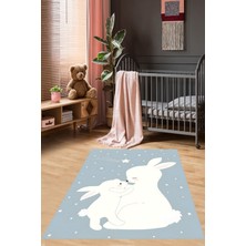 Pelangi Tavşancık ve Yavrusu Yıkanabilir Kaymaz Taban Leke Tutmaz Çocuk Odası Halısı