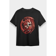 Darkhane Ejderha ve Kurukafa Siyah Unisex Tişört T-Shirt