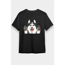 Darkhane Sibirya Kurdu Husky Haski Patileri Siyah Unisex Tişört T-Shirt