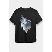 Darkhane Uluyan Sibirya Kurdu Husky Haski Siyah Unisex Tişört T-Shirt