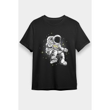 Darkhane Uçan Astronot Siyah Unisex Tişört T-Shirt