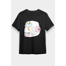 Darkhane Astronot Kedicikler Siyah Unisex Tişört T-Shirt