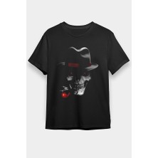 Darkhane Pipo Içen Şapkalı Kurukafa Siyah Unisex Tişört T-Shirt