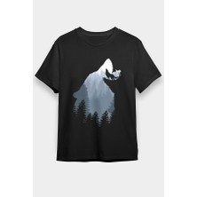 Darkhane Ormanda Uluyan Kurt Siyah Unisex Tişört T-Shirt