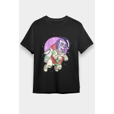 Darkhane Astronot Köpek Siyah Unisex Tişört T-Shirt