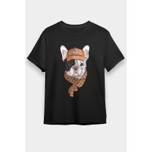 Darkhane Şapkalı Fransız Buldoğu Siyah Unisex Tişört T-Shirt