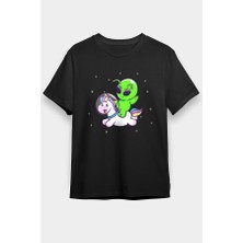Darkhane Şirin Unicorn ve Alien Siyah Unisex Tişört T-Shirt