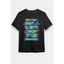 Darkhane Çok Renkli Kelebek Siyah Unisex Tişört T-Shirt