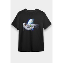 Darkhane Astronot Ayda Bira Keyfi Siyah Unisex Tişört T-Shirt