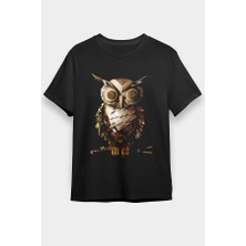 Darkhane Gazete Kağıtlarından Baykuş Siyah Unisex Tişört T-Shirt