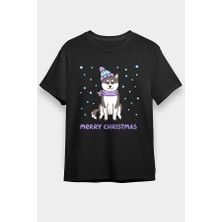 Darkhane Yılbaşı Sibirya Kurdu Husky Haski Siyah Unisex Tişört T-Shirt