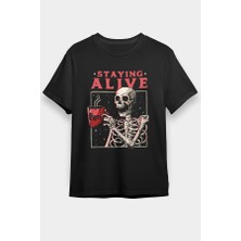 Darkhane Kahve Içen Kurukafa Siyah Unisex Tişört T-Shirt