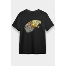 Darkhane Renkli Kükreyen Çita Siyah Unisex Tişört T-Shirt