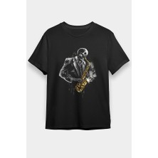 Darkhane Saksafon Çalan Kurukafa Siyah Unisex Tişört T-Shirt