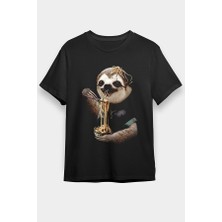 Darkhane Tembel Hayvan Yavaş Yeme Yarışması Siyah Unisex Tişört T-Shirt