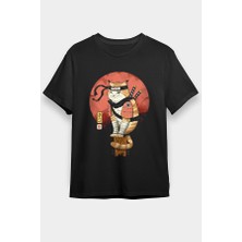 Darkhane Uzakdoğu Samuray Kedi Siyah Unisex Tişört T-Shirt