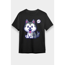 Darkhane Yavru Şirin Sibirya Kurdu Husky Haski Siyah Unisex Tişört T-Shirt