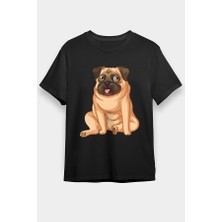 Darkhane Oturan Yorgun Pug Siyah Unisex Tişört T-Shirt