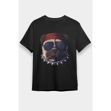 Darkhane Sigara Içen Çete Lideri Pug Siyah Unisex Tişört T-Shirt